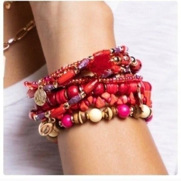 WOOD, GLASS, ACRYLIC & METAL MULTI-BEADS -LAYERED STRETCH BRACELET-NEW - Picture 1 of 4